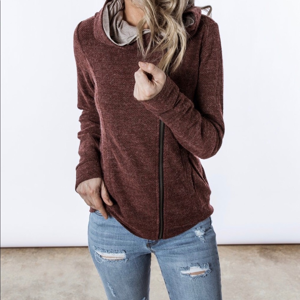 Burgundy double Zip hoodie